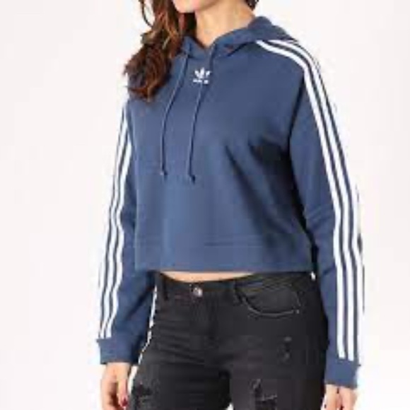 ADIDAS 3 Stripe Cropped Sweatshirt Hoodie - Picture 1 of 10